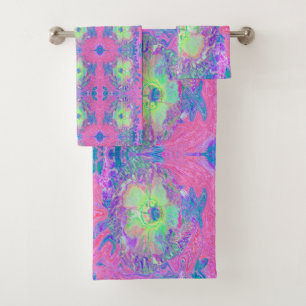 Conjunto De Toalhas Verde limão Psychedelic Trippy e Hibiscus roxo