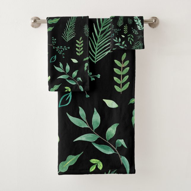 Conjunto De Toalhas Verde Negro Folhas Botânicas De Cores Aquáticas (Insitu)