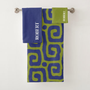 Conjunto De Toalhas Verde Oliva & Azul Nome Personalizado Abstrato