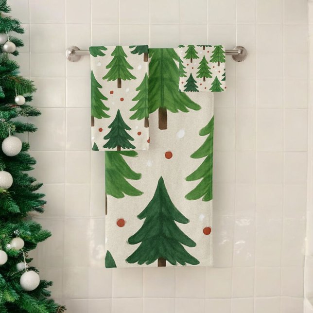 Conjunto De Toalhas Verde Pinheiros Feriado Aquarela Botânica (Criador carregado)