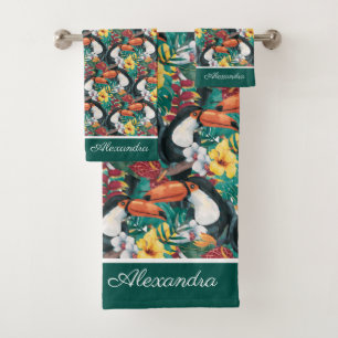 Conjunto De Toalhas Verde preto Toucan Monograma Tropical Flor