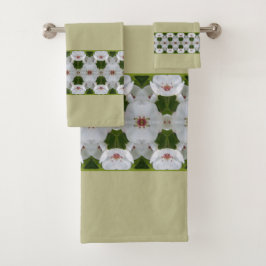 Conjunto De Toalhas Verde Sage E Rosa Com Flor Branco