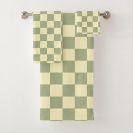 Conjunto De Toalhas Verde Sage Empoeirado e Xadrez Amarelo Manteiga