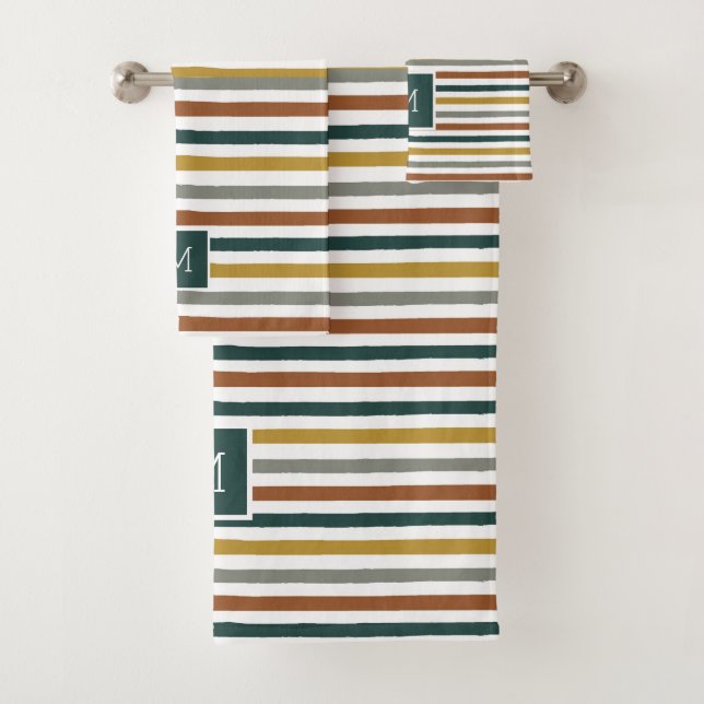 Conjunto De Toalhas Verde, Vermelho, Laranja Stripes Monograma (Insitu)