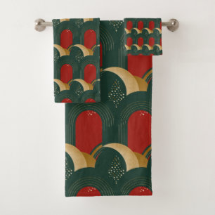 Conjunto De Toalhas Vermelho abstrato, Verde e Dourado