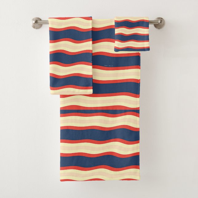 Conjunto De Toalhas Vermelho Azul Escuro Creme Ondulado   (Insitu)