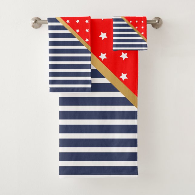 CONJUNTO DE TOALHAS VERMELHO AZUL ESTRELAS E STRIPES DE BANHEIRO DEFIN (Insitu)