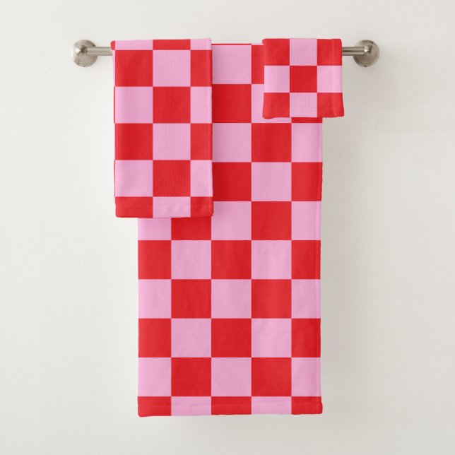 Conjunto De Toalhas Vermelho Brilhante e Xadrez Rosa Claro (Insitu)