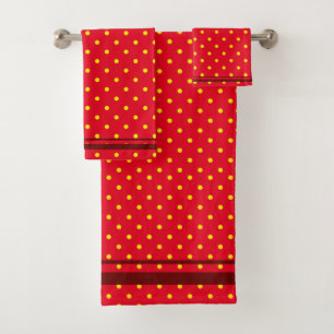 Conjunto De Toalhas Vermelho Com Bolinhas Amarelas E Listras Vermelhas