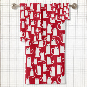 Conjunto De Toalhas Vermelho e Branco de Gato Cinto