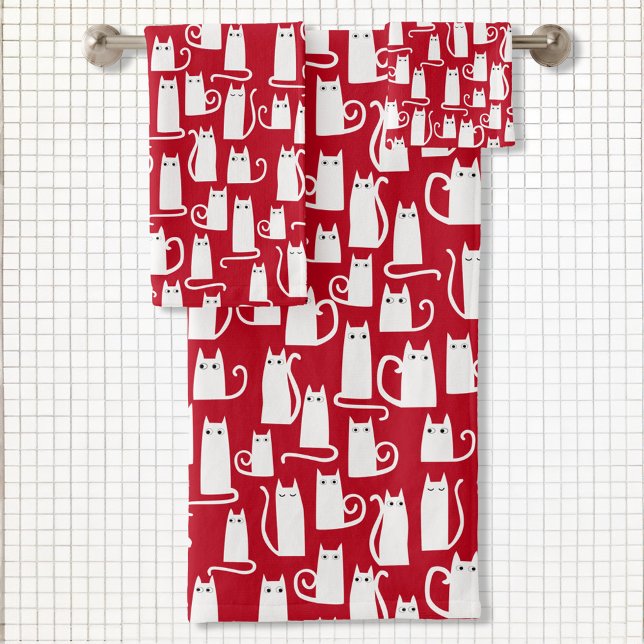 Conjunto De Toalhas Vermelho e Branco de Gato Cinto (Fun white kitty cat on red pattern bathroom towel set for animal lovers)