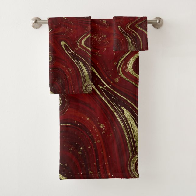 Conjunto De Toalhas Vermelho e Dourado Marble Swirl Moderno (Insitu)