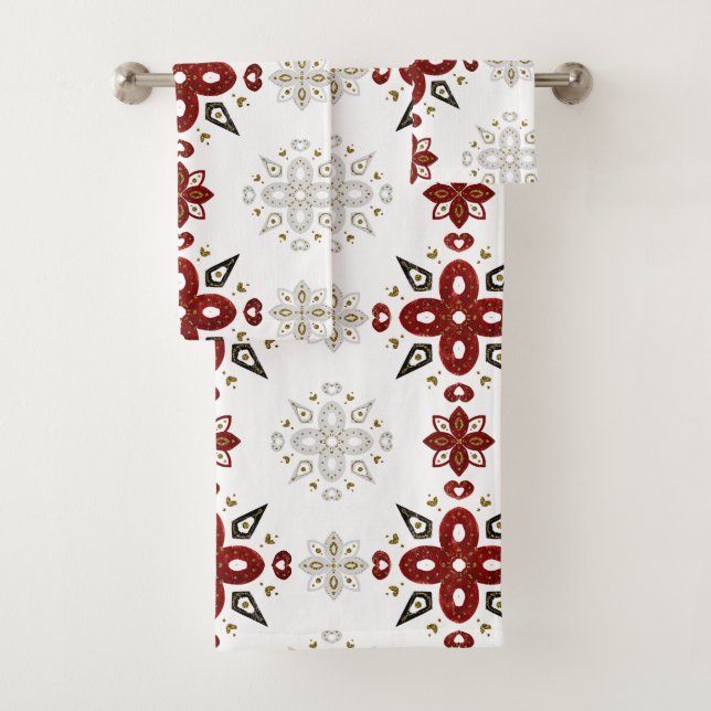 Conjunto De Toalhas Vermelho Escandinavo Azul Dourado Gráfico Nórdico (Insitu)