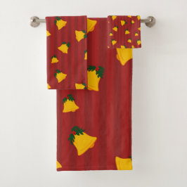 Conjunto De Toalhas Vermelho Feriado Ouro Listra Sininhos Natal