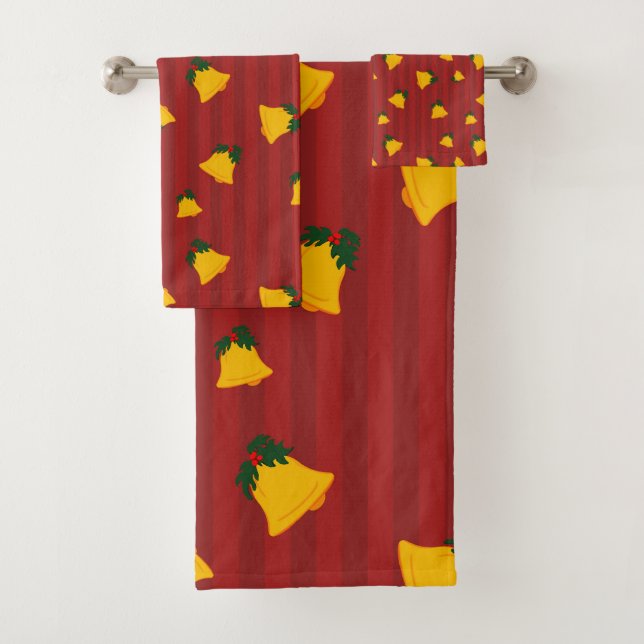 Conjunto De Toalhas Vermelho Feriado Ouro Listra Sininhos Natal (Insitu)