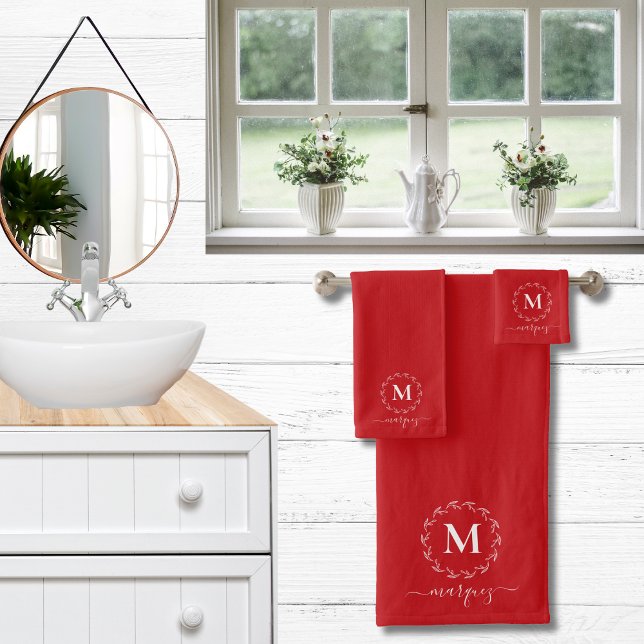 Conjunto De Toalhas Vermelho Natal | Monograma branco de coroa botânic (Criador carregado)
