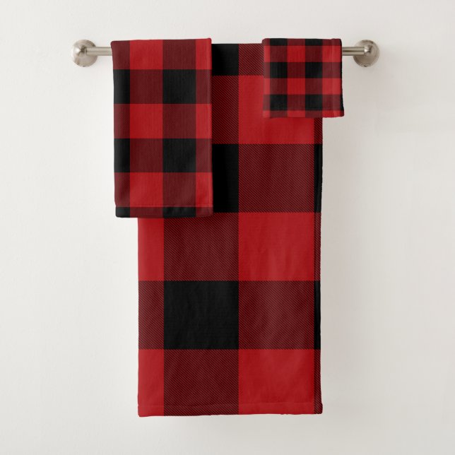 Conjunto De Toalhas Vermelho Preto Rústico Plaid Xadrez Búfalo (Insitu)