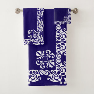 Conjunto De Toalhas Vetor de Renda Branca Elegante sobre Azul Marinho