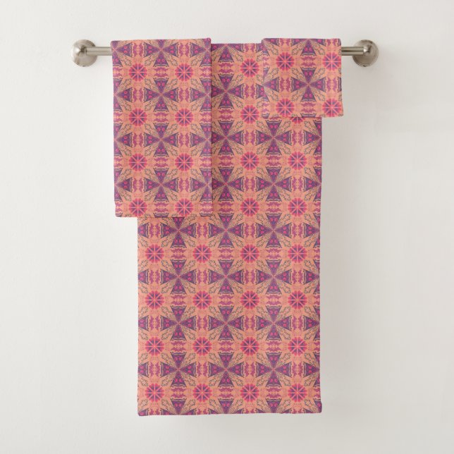 Conjunto De Toalhas vibrant geometric pattern in pink, purple,  orange (Insitu)