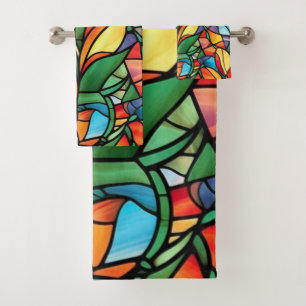 Conjunto De Toalhas Vibrante Colorida Abstrato Floral de Vidro Estampa