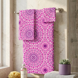 Conjunto De Toalhas Vibrante Rosa Roxo e Branco Padrão Marroquino