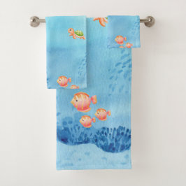 Conjunto De Toalhas Vida Marinha em Aquarela Azul. Nome e Animais Fofo