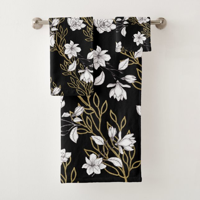Conjunto De Toalhas Vinhas Douradas Magnólia brancas pretas (Insitu)