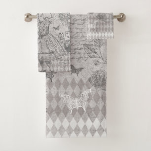 Conjunto De Toalhas Vintage Alice Wonderland Cinza Decoupage
