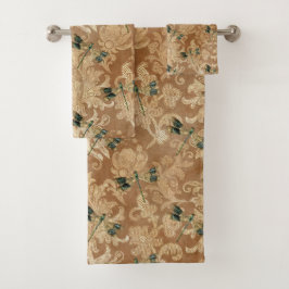 Conjunto De Toalhas Vintage Brown Damask Floral Green Dragonlies