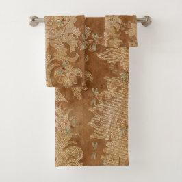 Conjunto De Toalhas Vintage Brown Damask Floral Teal Dragonflies