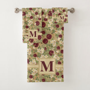 Conjunto De Toalhas Vintage Burgundy Rosas & Blossomas Monogramas