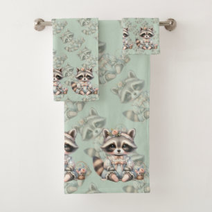 Conjunto De Toalhas Vintage Cottagecore Raccoon Pastel
