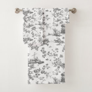 Conjunto De Toalhas Vintage English Floral Toile de Jouy Cinza