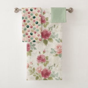 Conjunto De Toalhas Vintage Floral em Tons de Rosa e Salvia em Aquarel