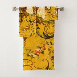 Conjunto De Toalhas Vintage Floral Vitoriano Amarelo-Amarelo-Dourado f