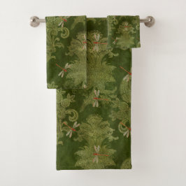 Conjunto De Toalhas Vintage Green Damask Floral Orange Dragonlies