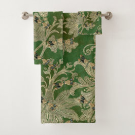 Conjunto De Toalhas Vintage Green Tan Damask Floral Dragonflies