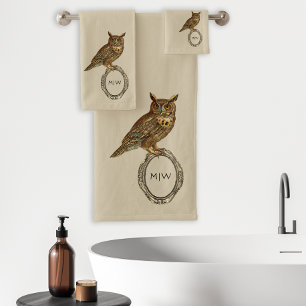 Conjunto De Toalhas Vintage Horned Owl Monogramas Beige
