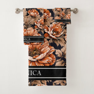Conjunto De Toalhas Vintage Orange Poppy Floral Nome Preto