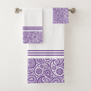 Conjunto De Toalhas Vintage paisley branco e roxo com listras