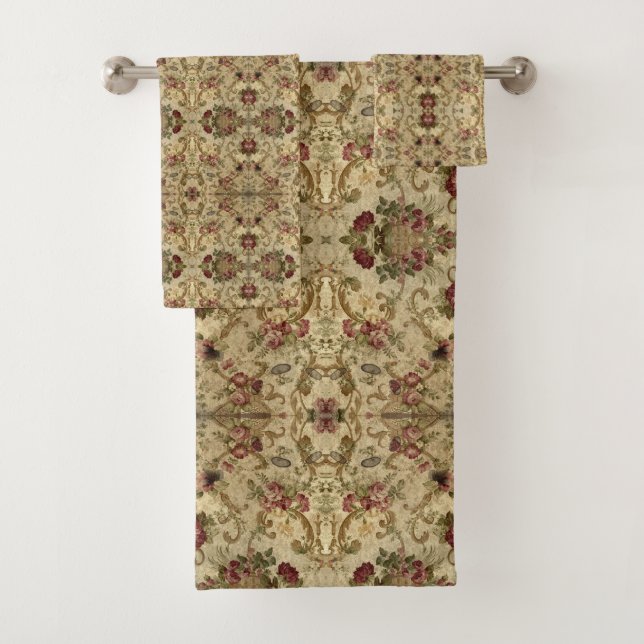 Conjunto De Toalhas Vintage Pattern Beige Burgundy (Insitu)