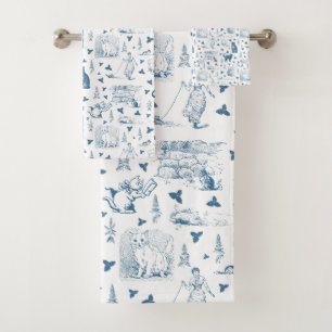 Conjunto De Toalhas Vintage Retro Toile Patterno Cat Catnip White Blue