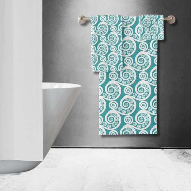 Conjunto De Toalhas Vintage Turquoise & White Fern Curls Swirls (Vintage Turquoise & White Fern Leaf Curls Swirls Bath Towel Set)