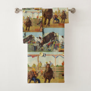 Conjunto De Toalhas Vintage Western Rodeo Evita Cowboys Horses Bulls