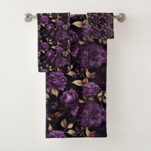 Conjunto De Toalhas Violeta Gótica Botânica Escura E Padrão Dourado
