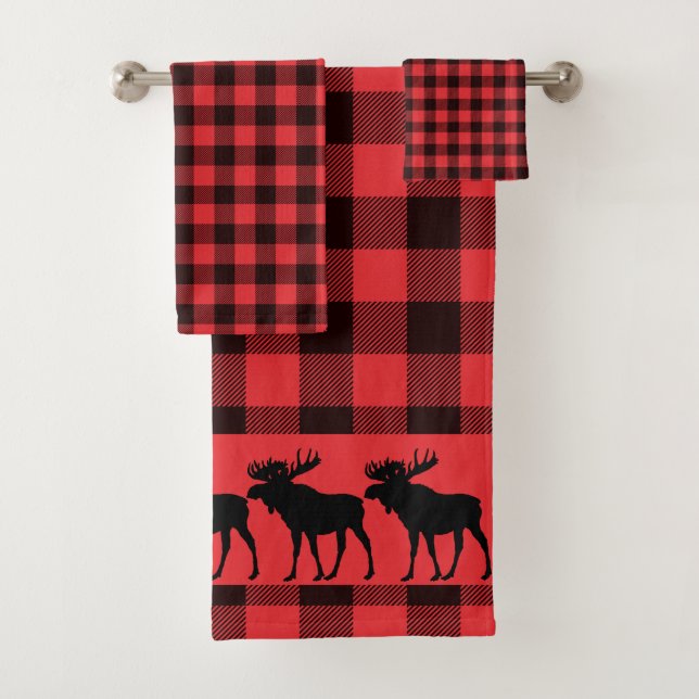 Conjunto De Toalhas Walking Moose Silhouette Red Black Plaid Pattern  (Insitu)