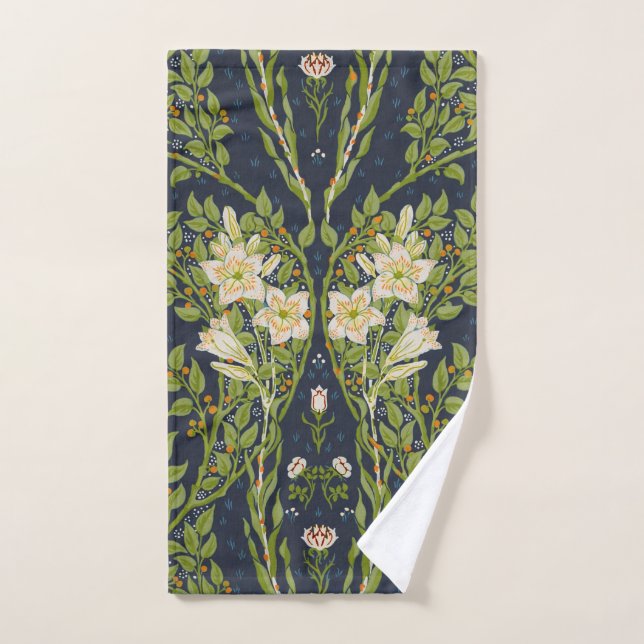 Conjunto De Toalhas Walter Crane Antigo Padrão Lírio Branco Navy (Toalha de mão)