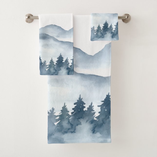 Conjunto De Toalhas Watercolor Blue Mountains Trees (Insitu)