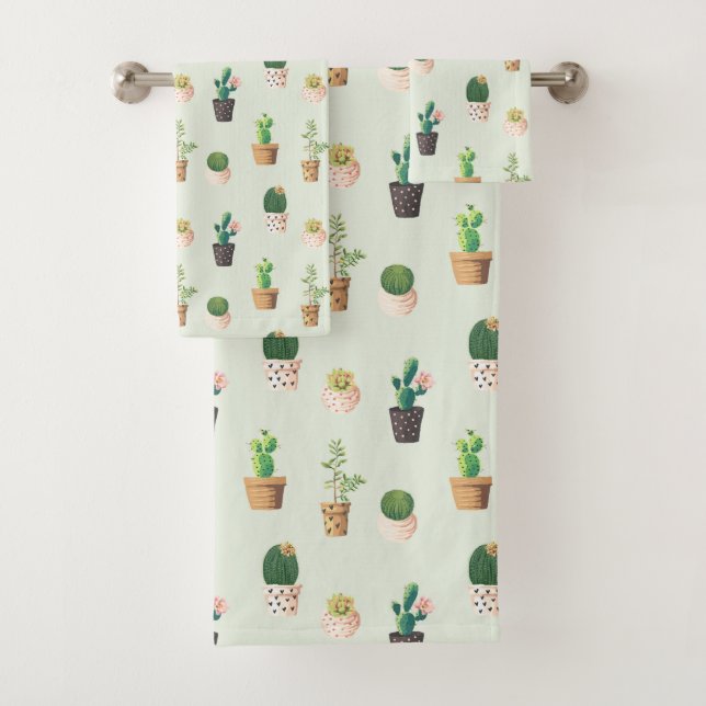 Conjunto De Toalhas Watercolor Cactus Pattern Mint Green (Insitu)