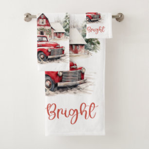 Conjunto De Toalhas Watercolor Christmas Vintage Truck and Barn